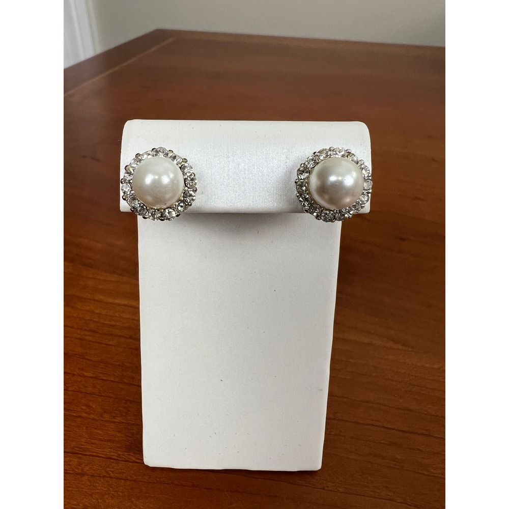 Vintage Style Faux Pearl Rhinestone Halo Stud Earrings Silver Tone Post Backs